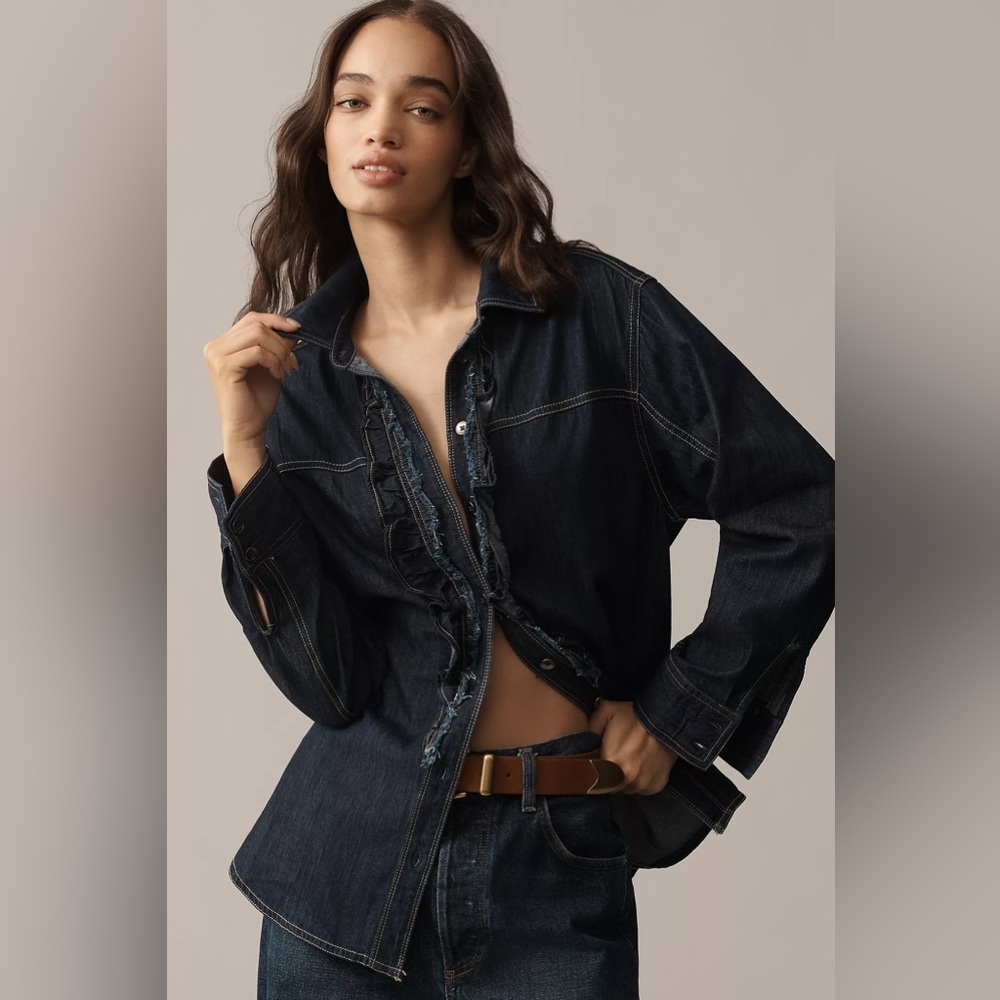 Anthro Pilcro Denim Ruffle Button-down Shirt